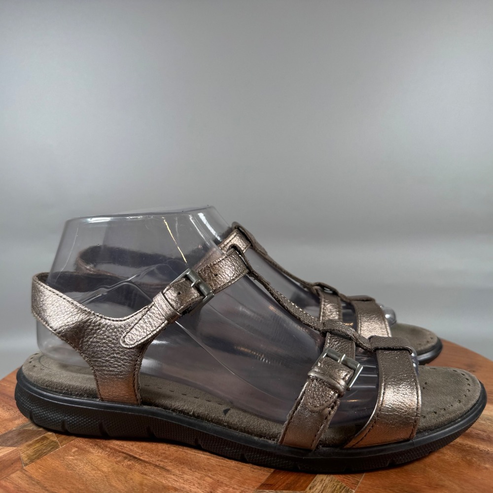 ECCO‎ Women 40 Metallic Bronze Leather T-Strap Comfort Walking Sandals Buckle